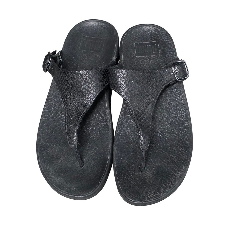FitFlop Lulu Black Snakeskin Print Thong Sandals Buckle Strap E58-424 Womens 8
